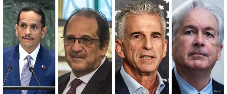 من اليمين: وليام بيرنز، ديفيد بارنيا، عباس كامل، محمد بن عبدالرحمن آل ثاني. أرشيفية